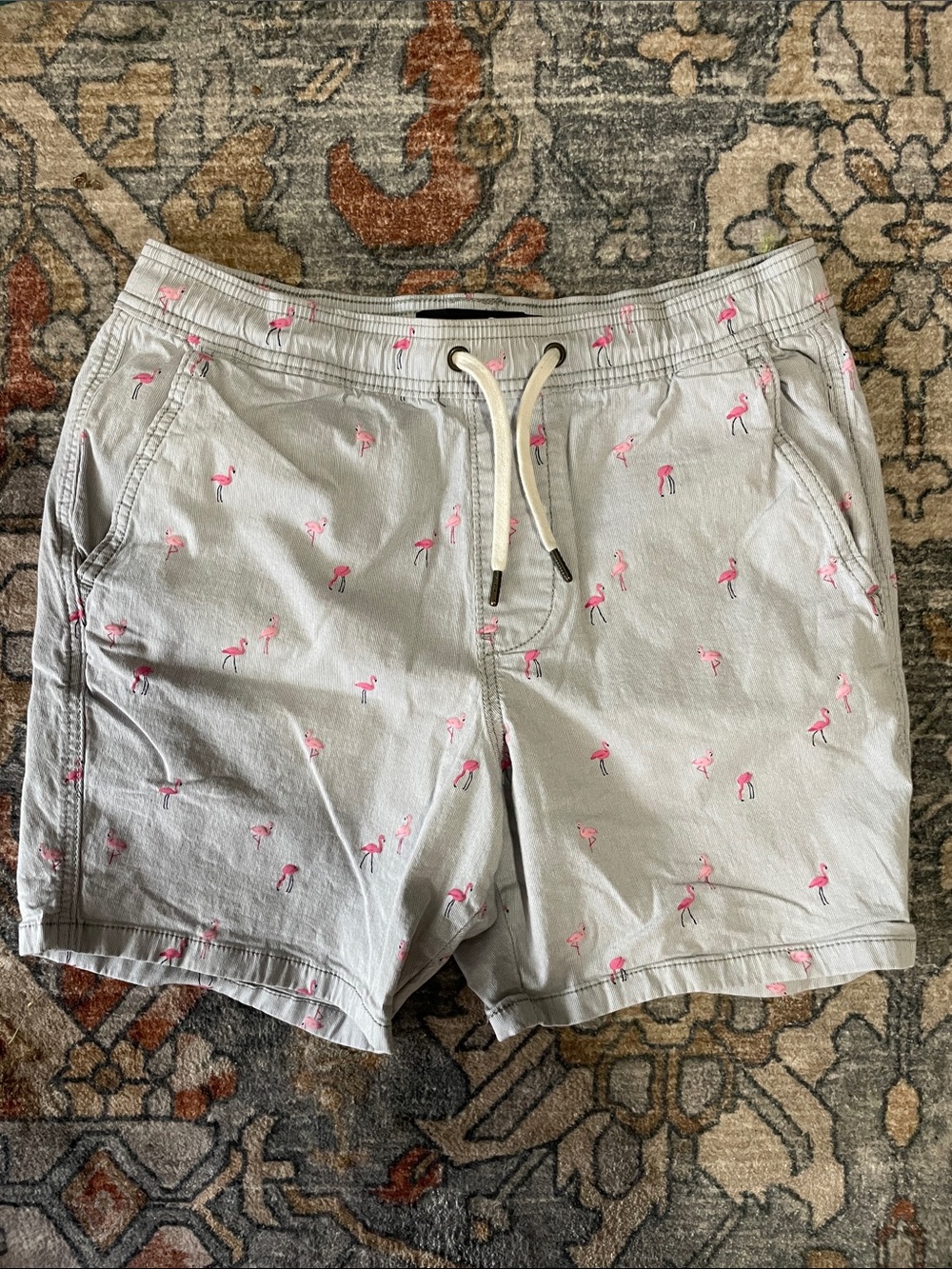 Hollister Light Gray Drawstring Shorts with Pink Flamingo Print